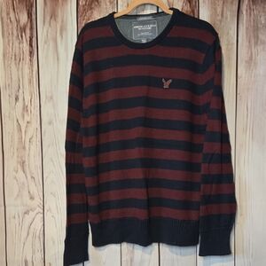 American Eagle Outfitters Men's Crewneck Sweater - Navy and Dark Red Stripes XXL